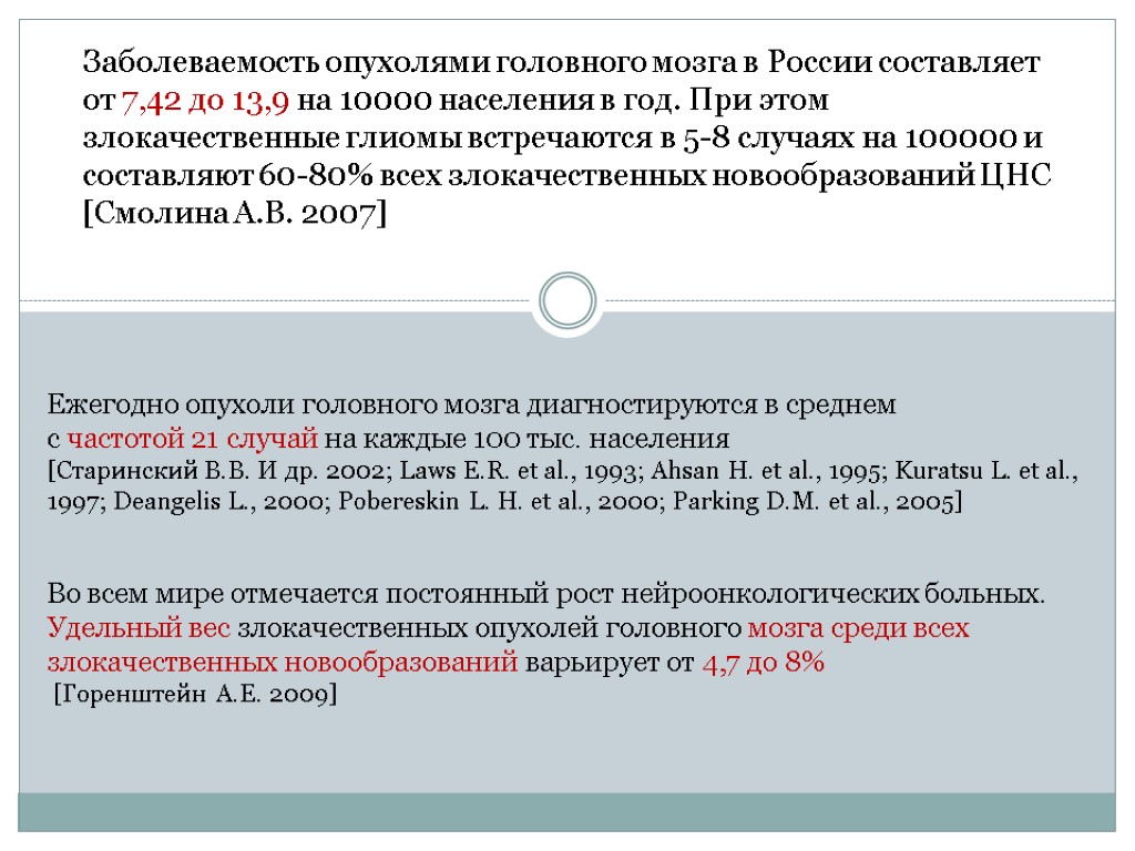 Заболеваемость опухолями головного мозга в России составляет от 7,42 до 13,9 на 10000 населения